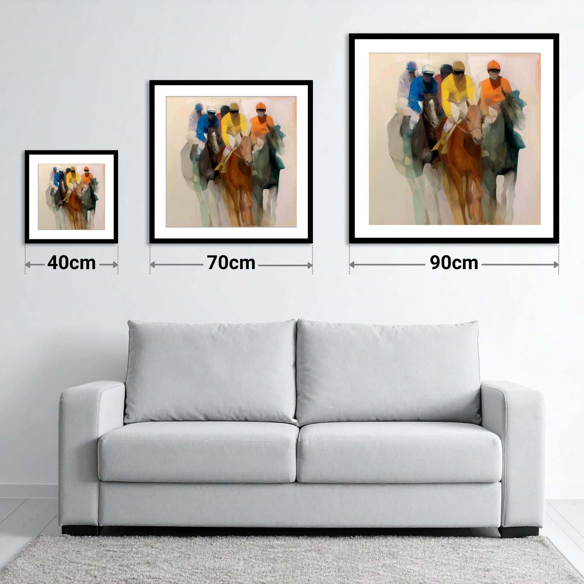 The Front Runners - size guide showing 40cm, 70cm and 90cm art prints