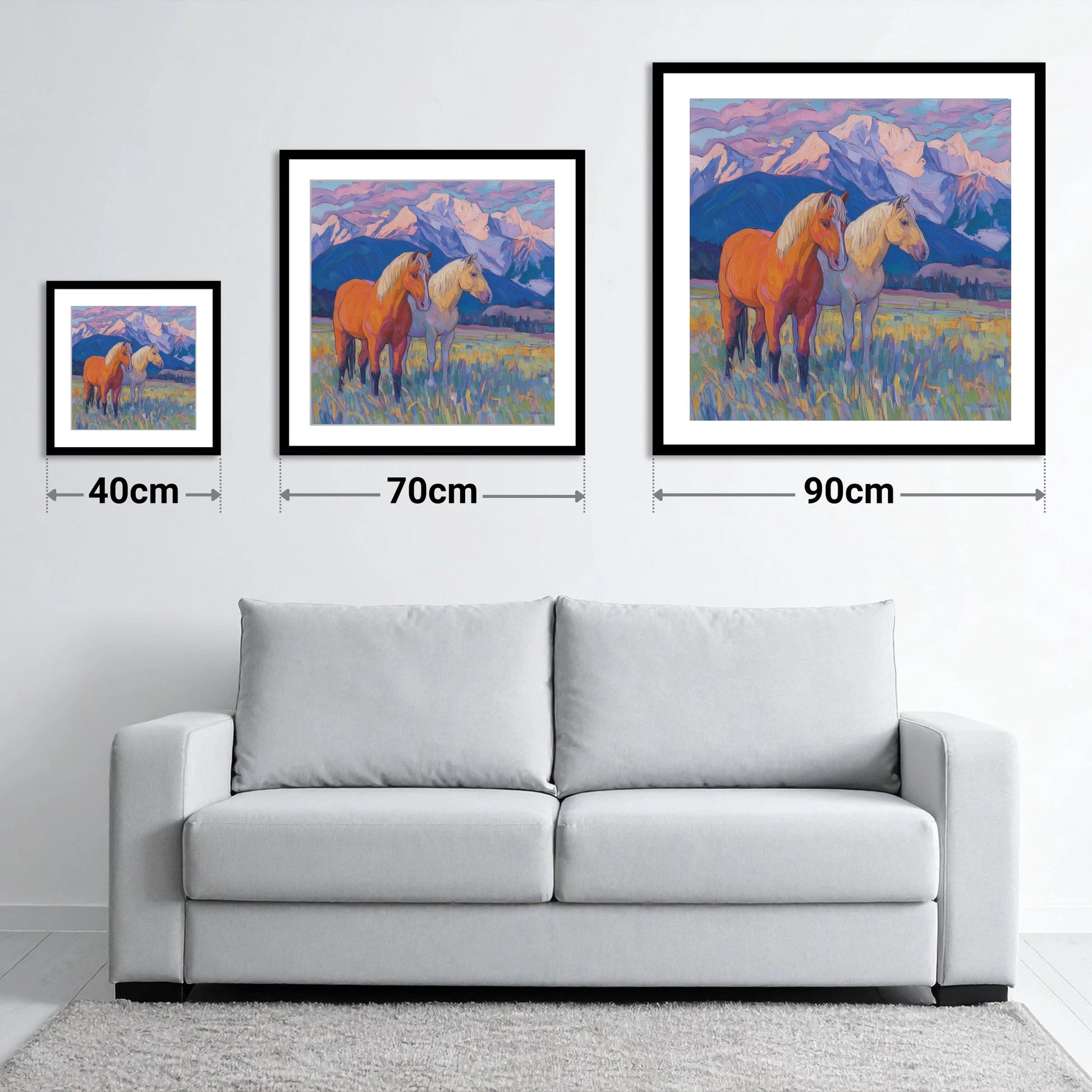 Painted Mountain Pasture - size guide showing 40cm, 70cm and 90cm art prints