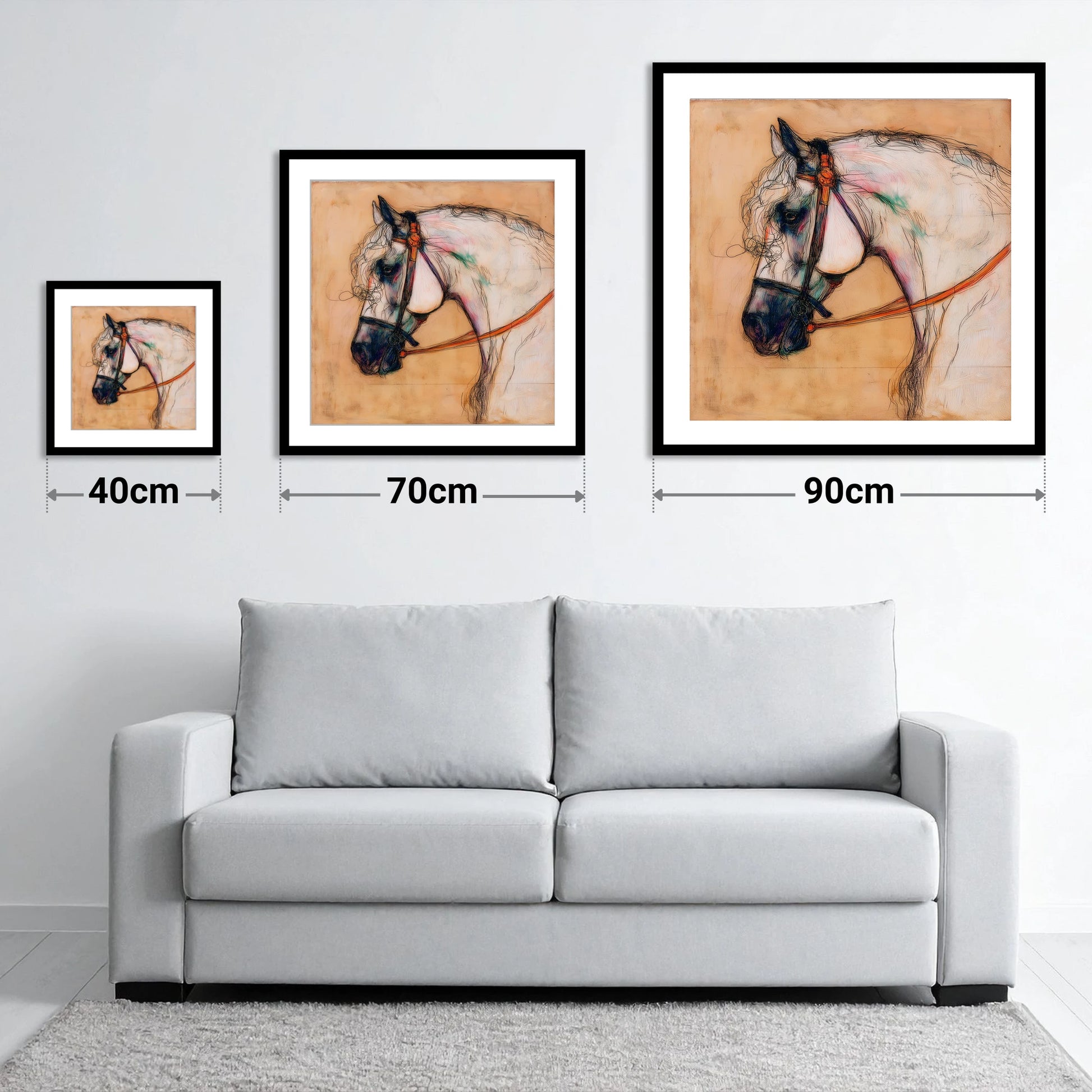 The Iberian Soul - size guide showing 40cm, 70cm and 90cm art prints