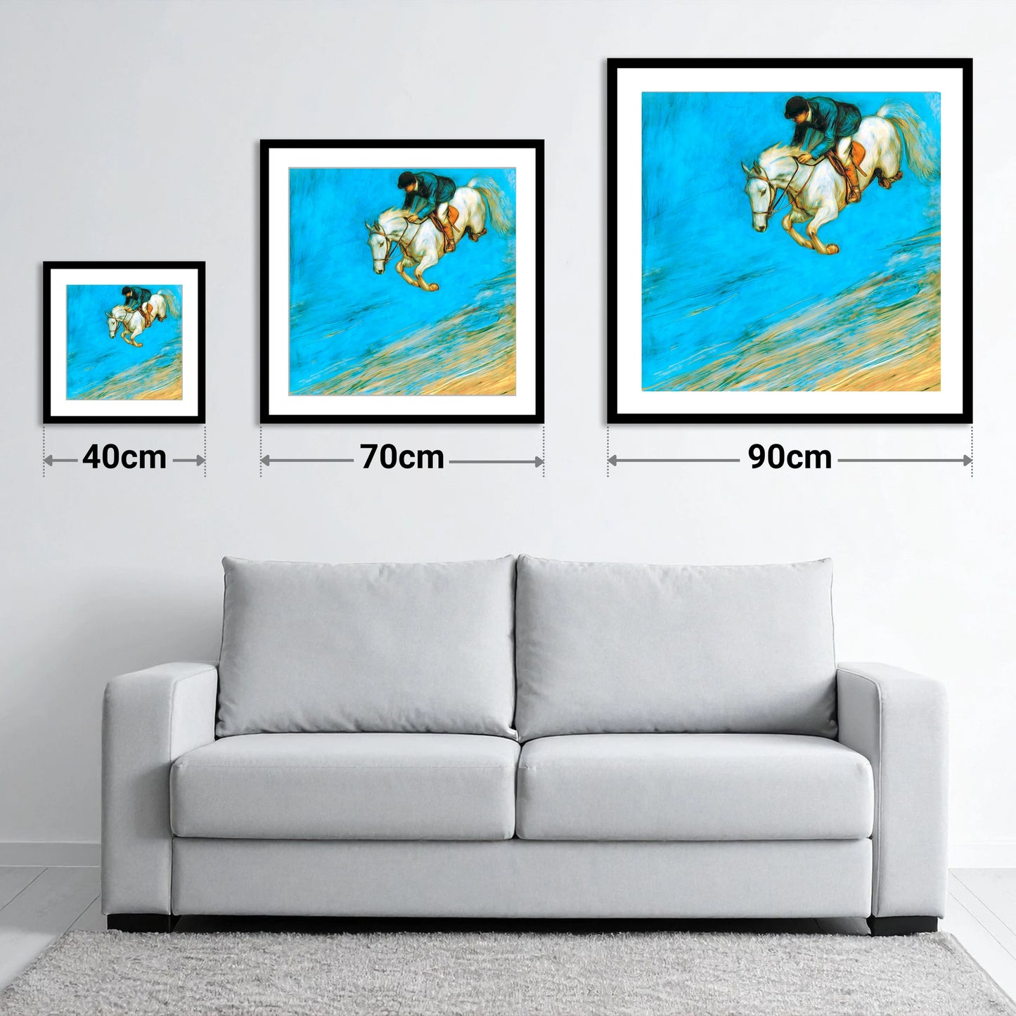 Cerulean Flight - size guide showing 40cm, 70cm and 90cm art prints