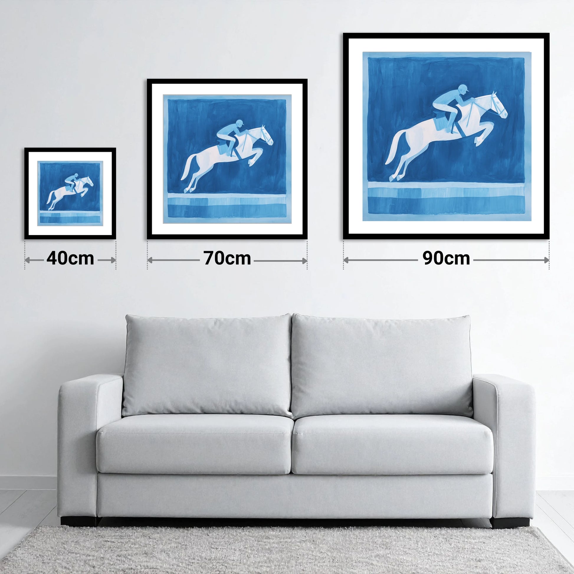 Azure Leap - size guide showing 40cm, 70cm and 90cm art prints