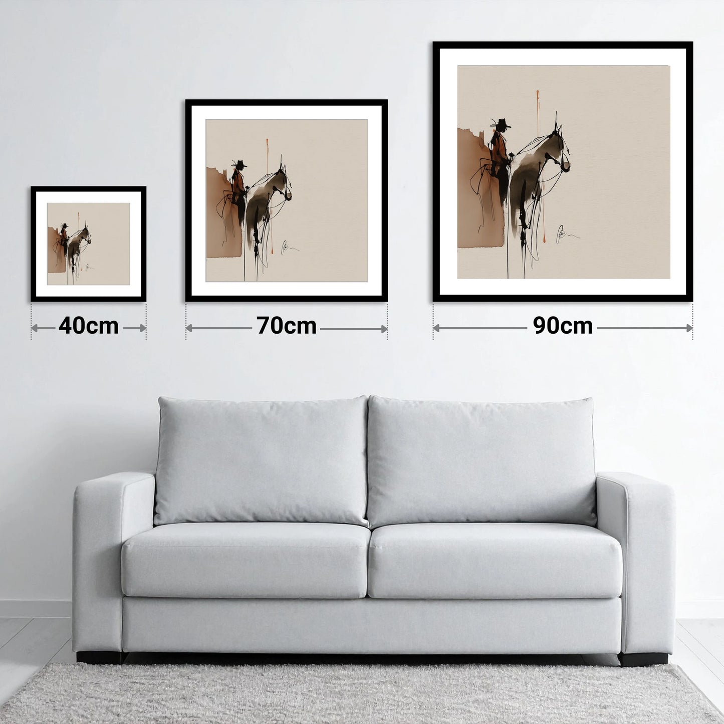 The Quiet Ride - size guide showing 40cm, 70cm and 90cm art prints
