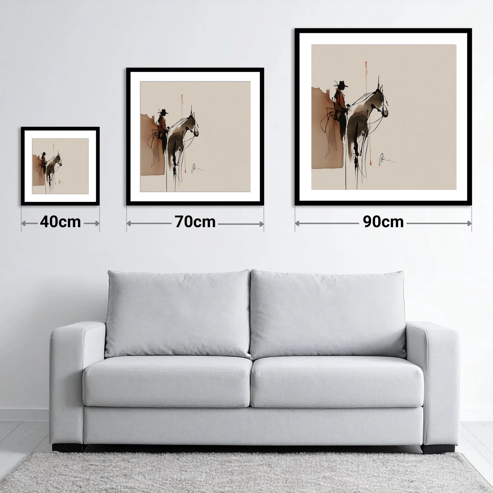 The Quiet Ride - size guide showing 40cm, 70cm and 90cm art prints