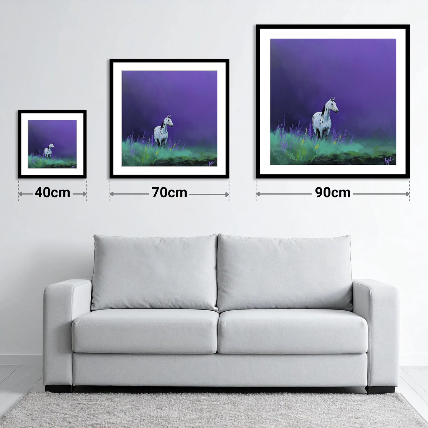 Twilight Appaloosa - size guide showing 40cm, 70cm and 90cm art prints