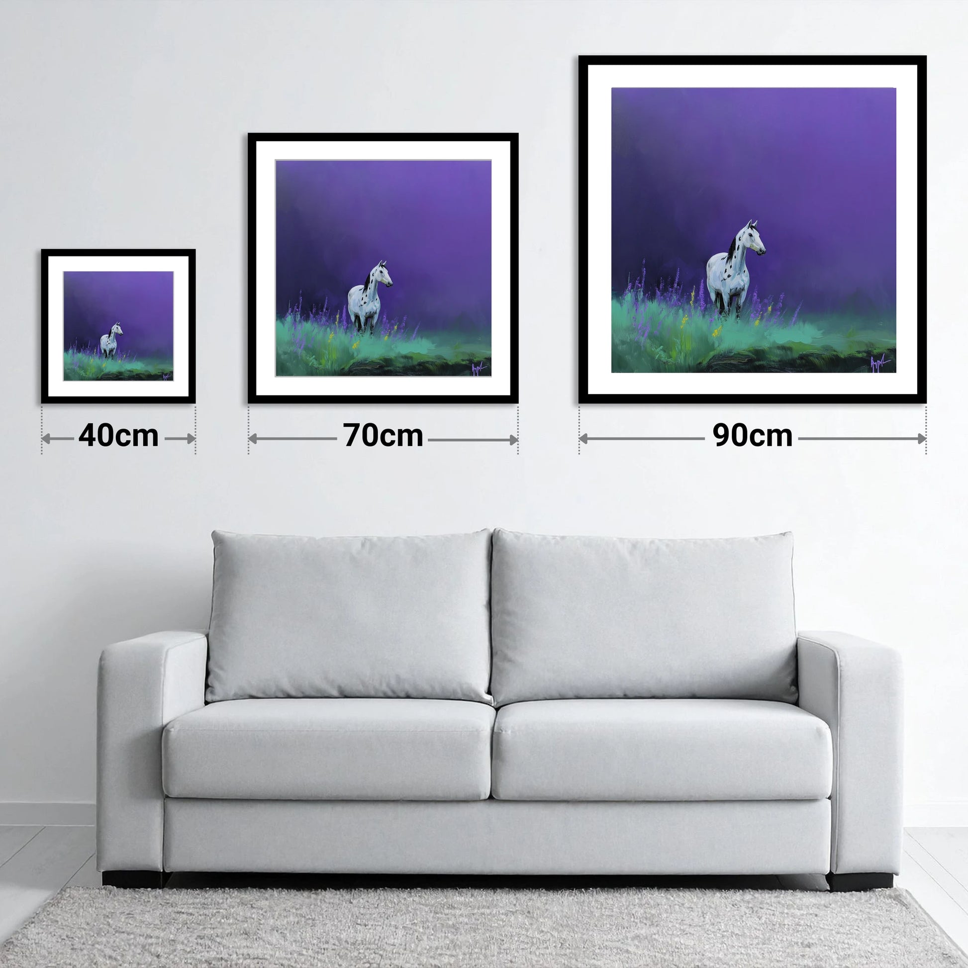 Twilight Appaloosa - size guide showing 40cm, 70cm and 90cm art prints