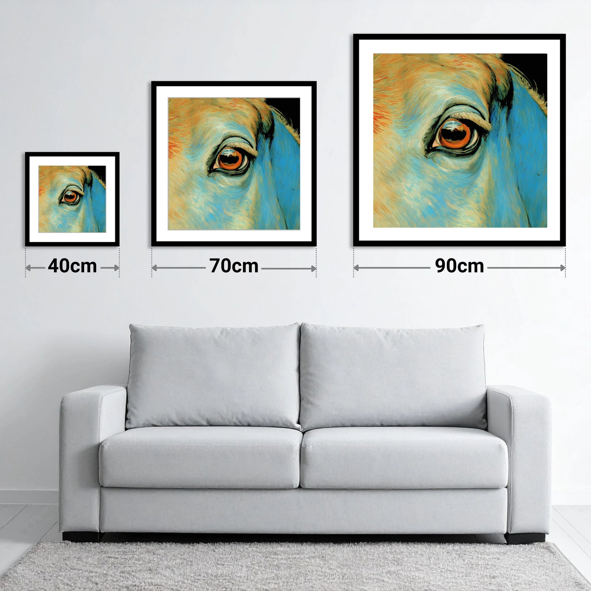 The Azure Gaze - size guide showing 40cm, 70cm and 90cm art prints