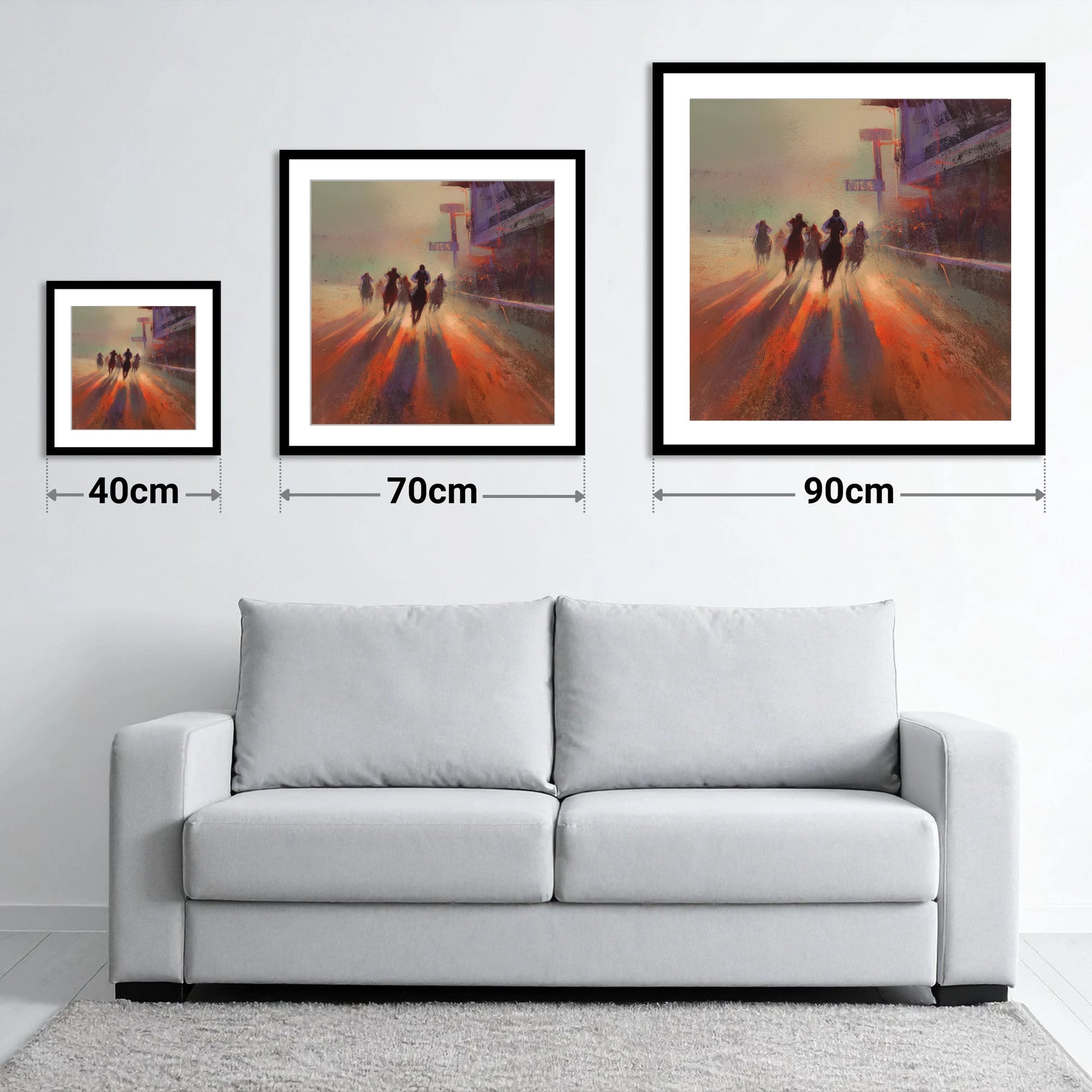Shadows on the Track - size guide showing 40cm, 70cm and 90cm art prints