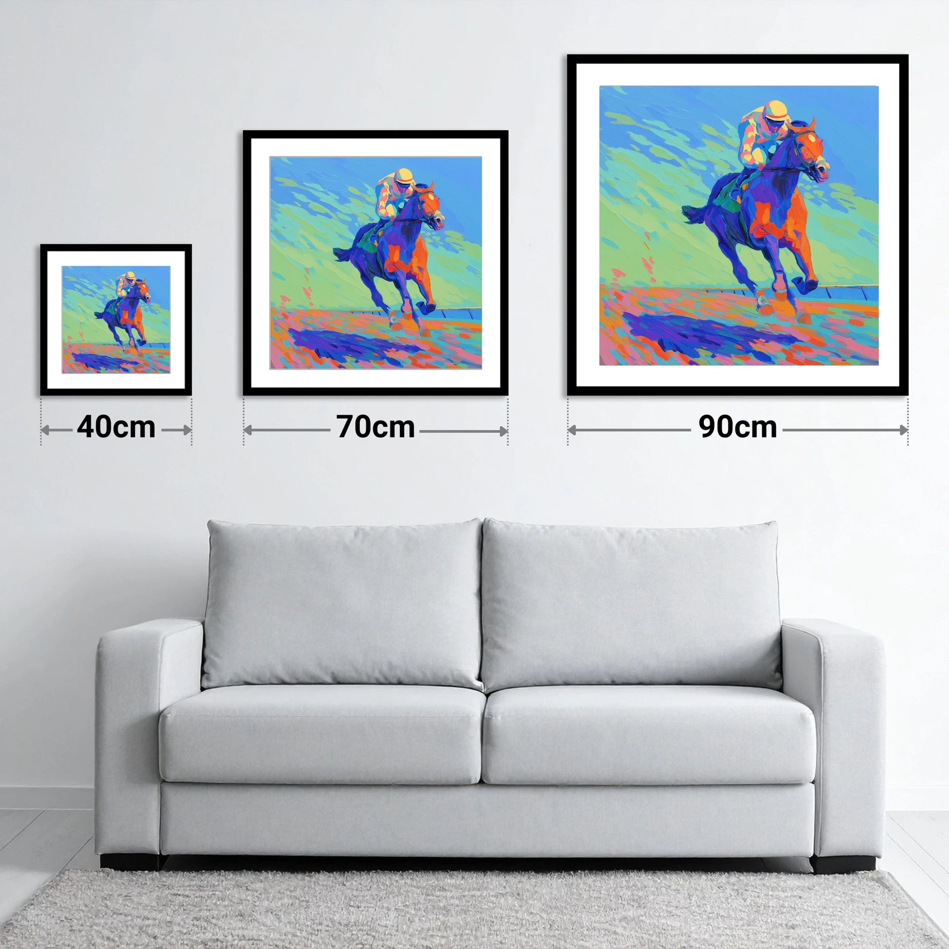 Vibrant Homestretch - size guide showing 40cm, 70cm and 90cm art prints
