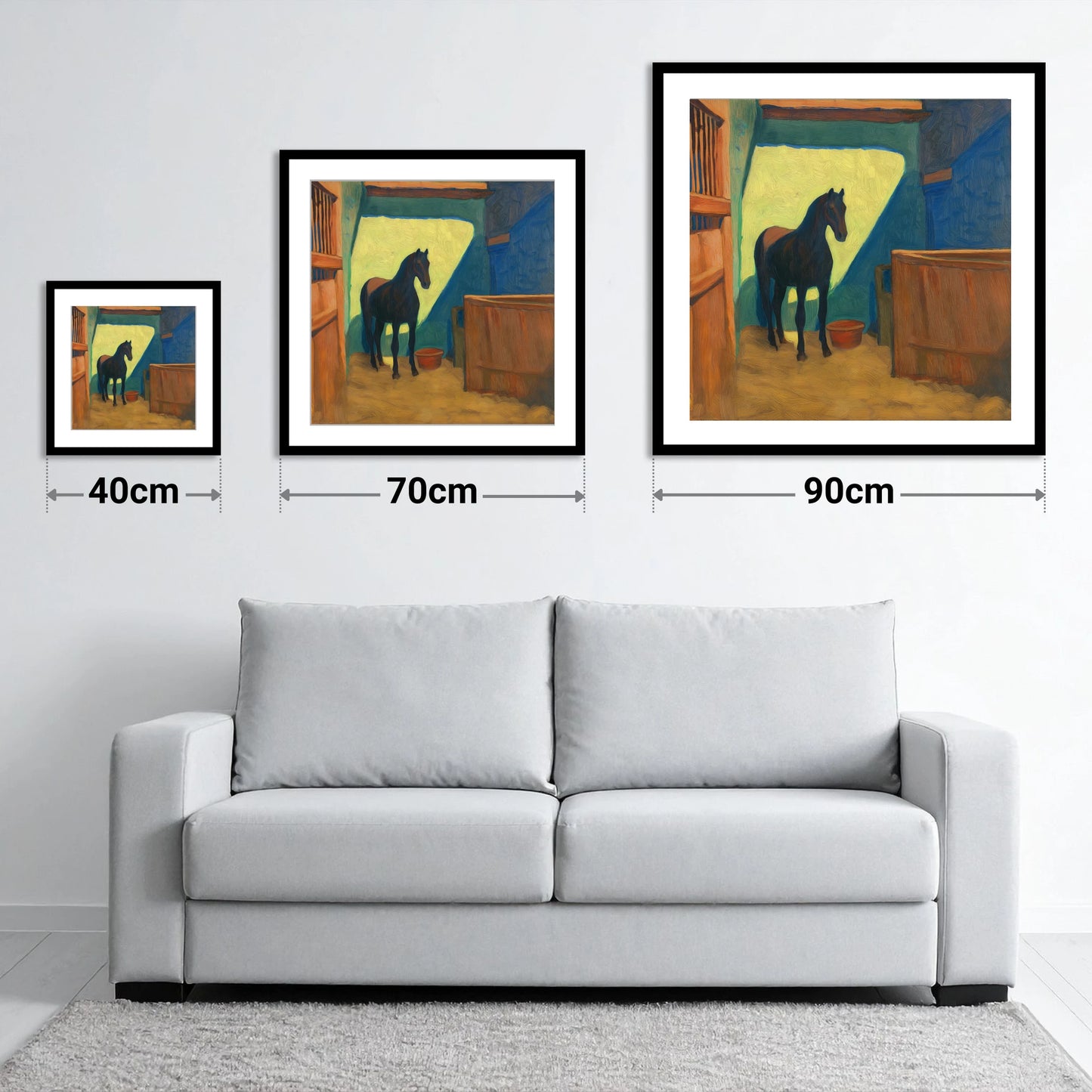 The Sunlit Stall - size guide showing 40cm, 70cm and 90cm art prints