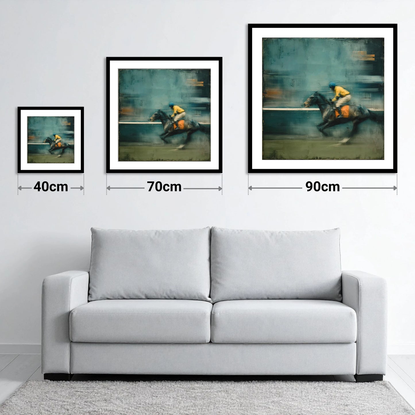 The Blue Furlong - size guide showing 40cm, 70cm and 90cm art prints