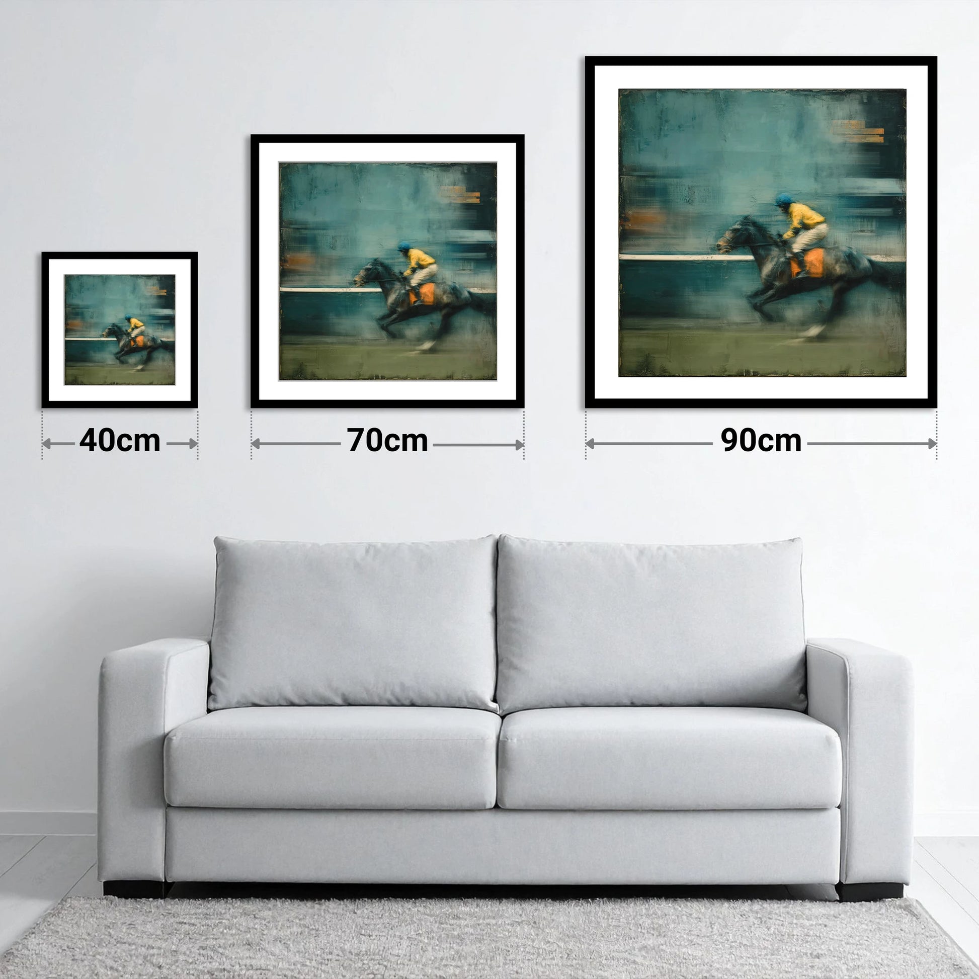 The Blue Furlong - size guide showing 40cm, 70cm and 90cm art prints