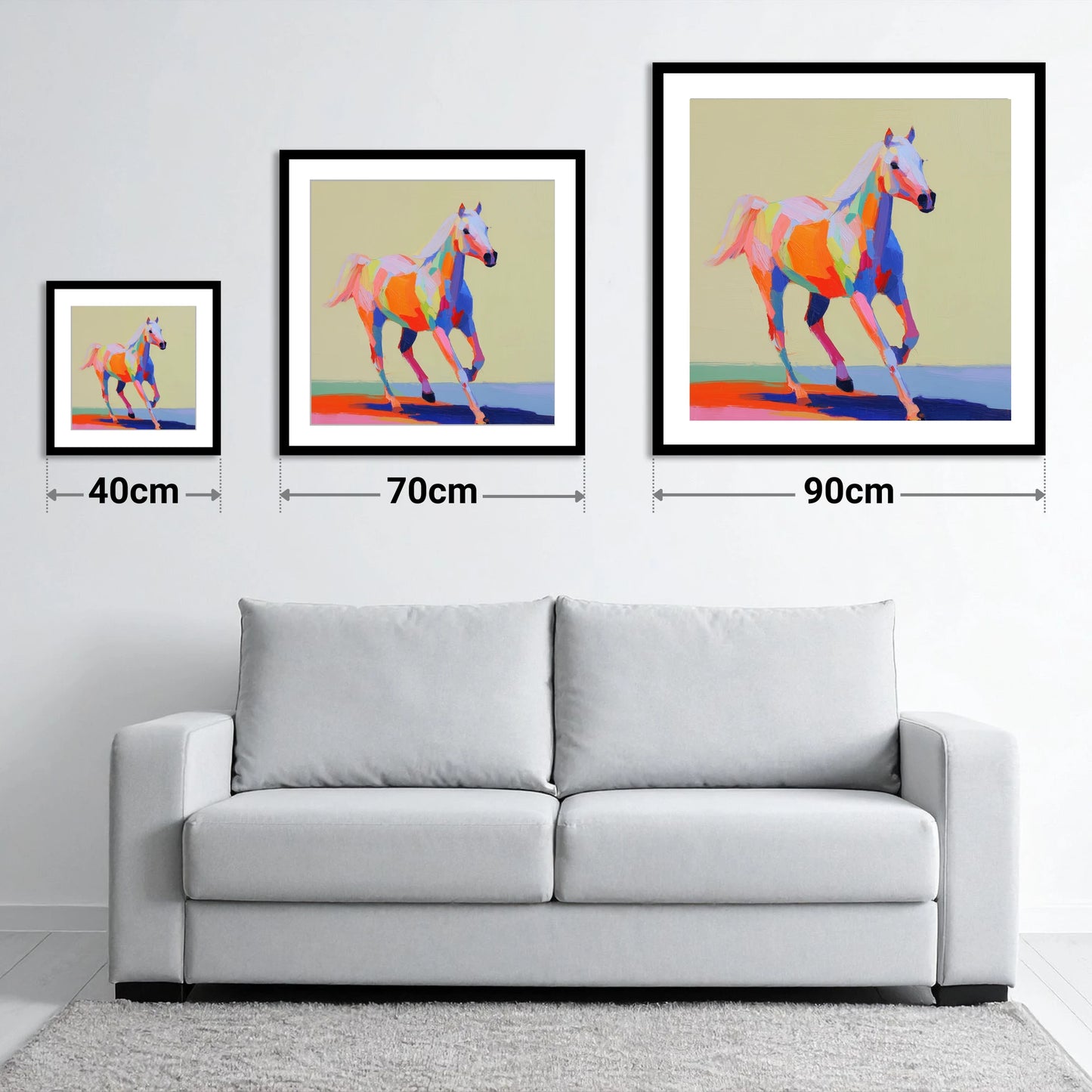 Prismatic Canter - size guide showing 40cm, 70cm and 90cm art prints