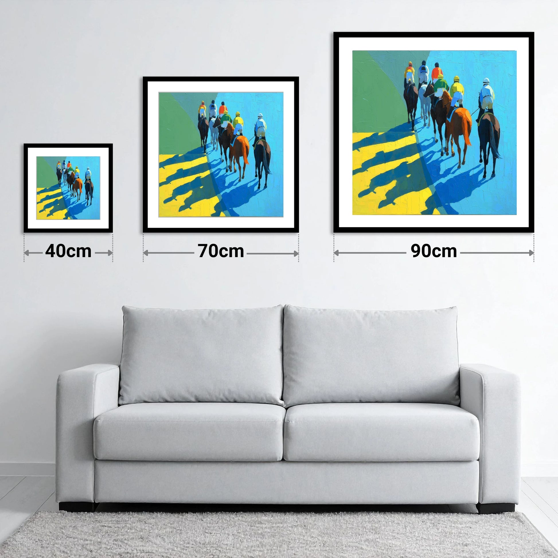 Bright Silks Long Shadows - size guide showing 40cm, 70cm and 90cm art prints