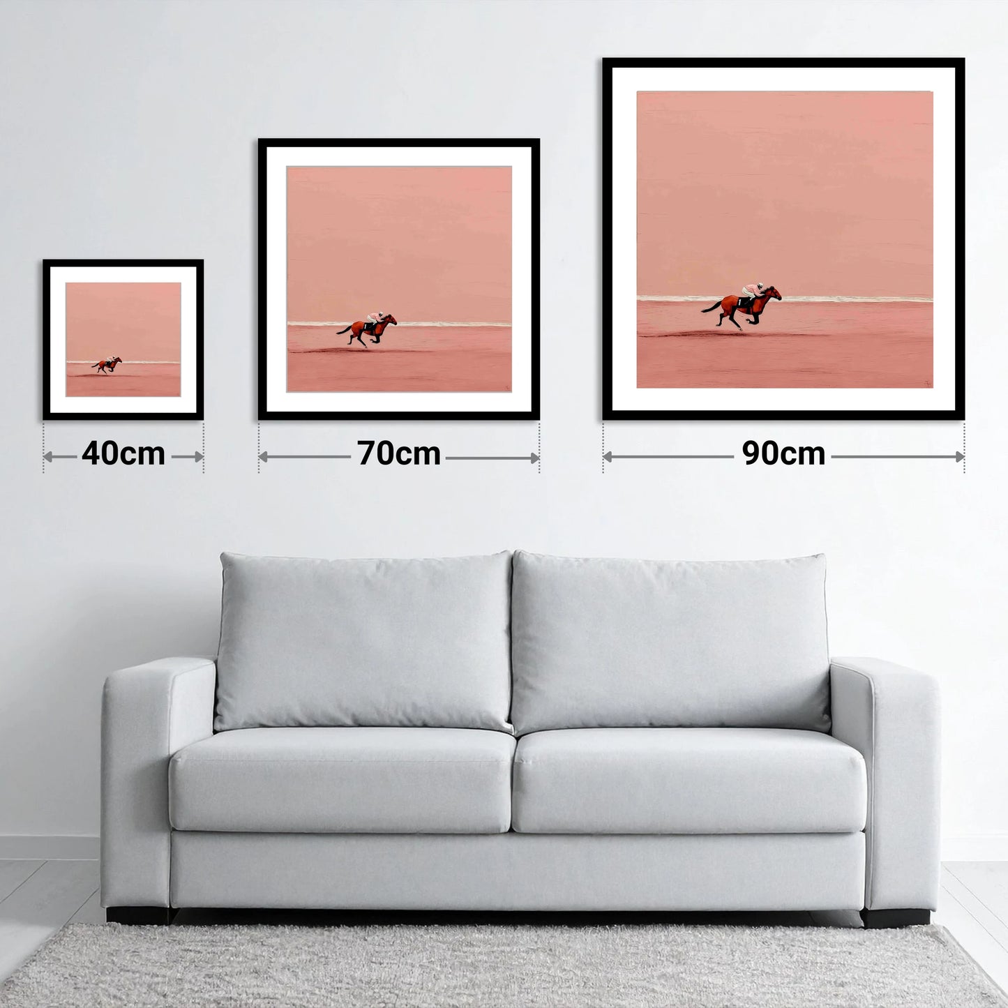 Dusty Rose Stretch - size guide showing 40cm, 70cm and 90cm art prints