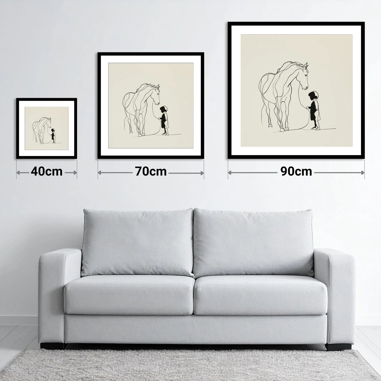 The Quiet Bond - size guide showing 40cm, 70cm and 90cm art prints