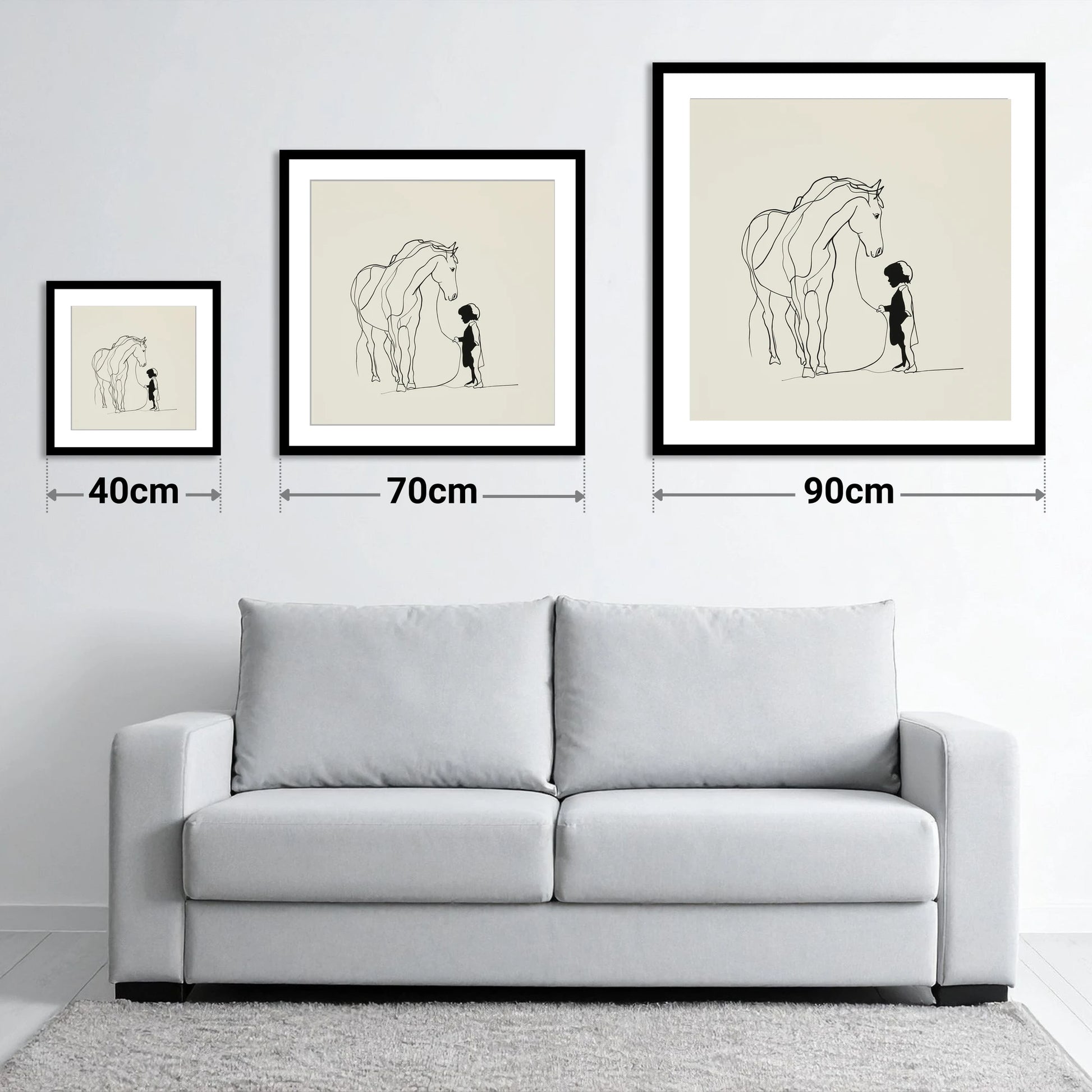 The Quiet Bond - size guide showing 40cm, 70cm and 90cm art prints
