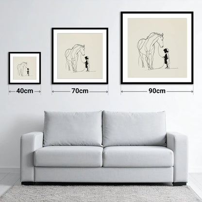 The Quiet Bond - size guide showing 40cm, 70cm and 90cm art prints