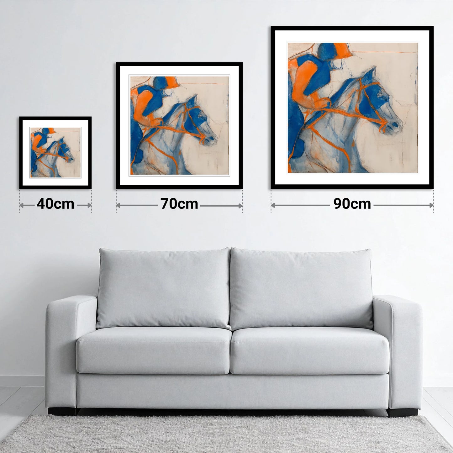 Ultramarine Racing Form - size guide showing 40cm, 70cm and 90cm art prints