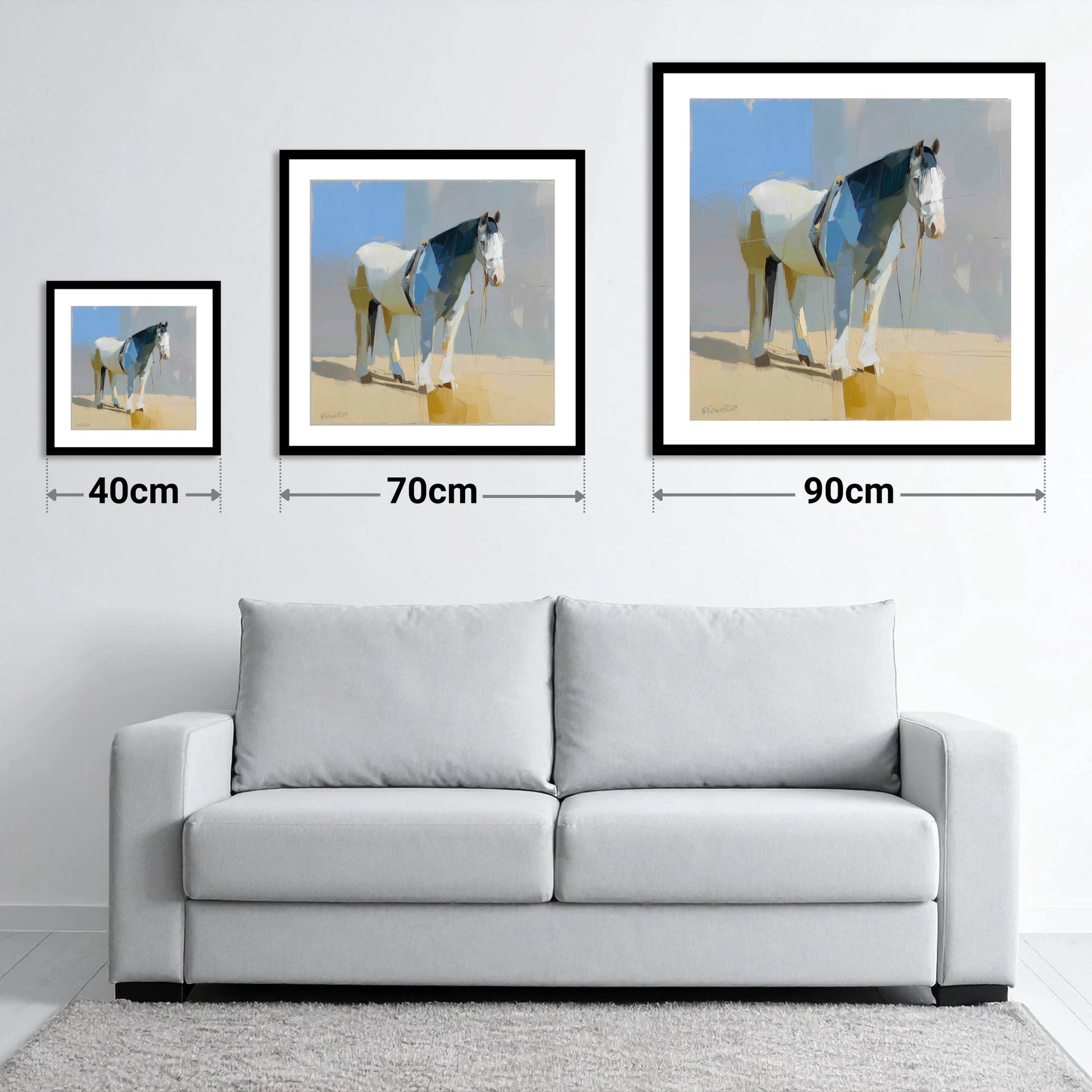 Sunlit Slate Draught - size guide showing 40cm, 70cm and 90cm art prints