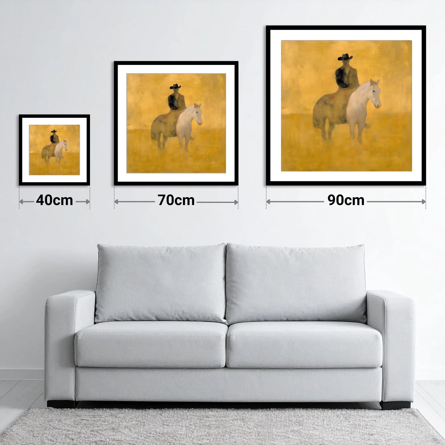 Sunlit Western Solitude - size guide showing 40cm, 70cm and 90cm art prints