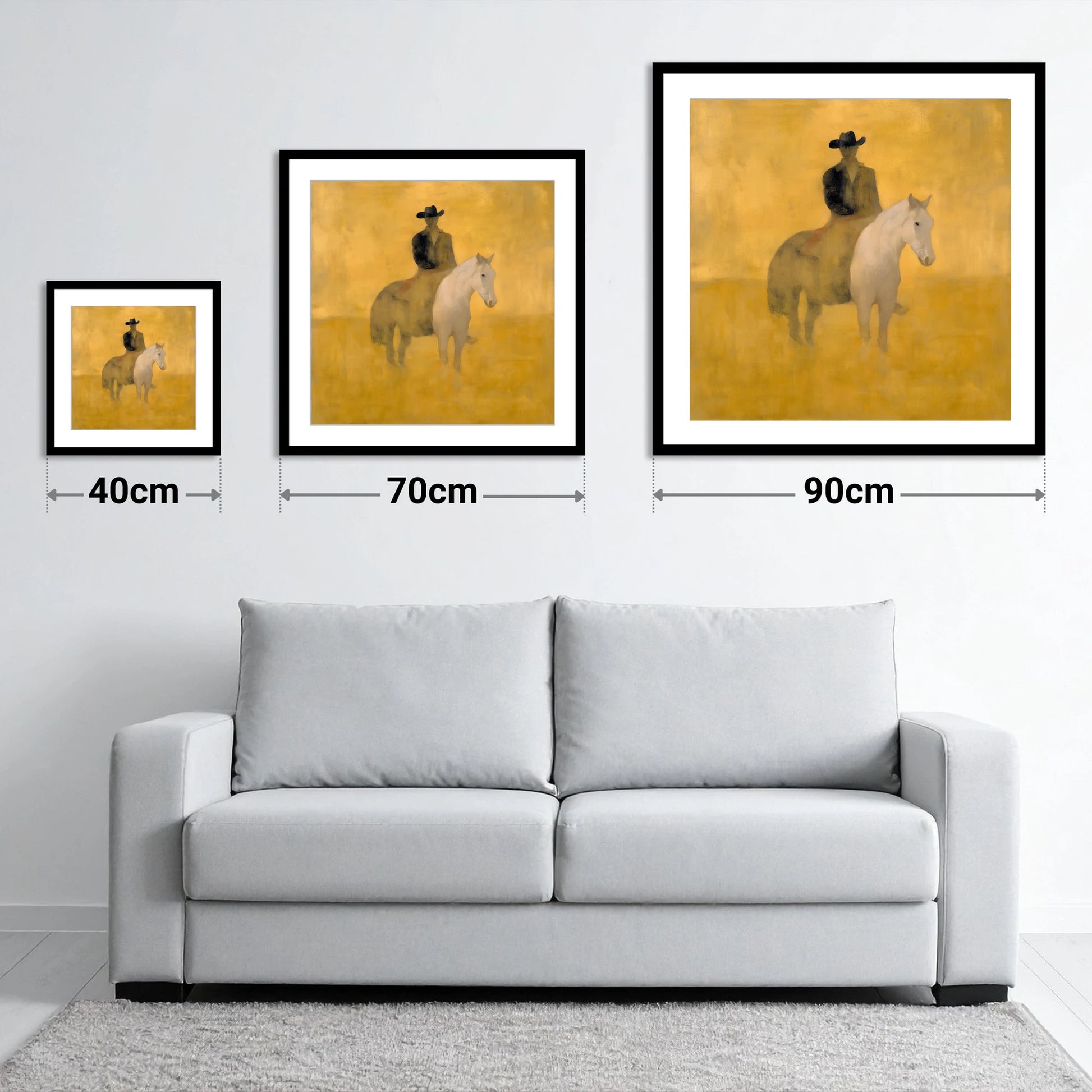 Sunlit Western Solitude - size guide showing 40cm, 70cm and 90cm art prints