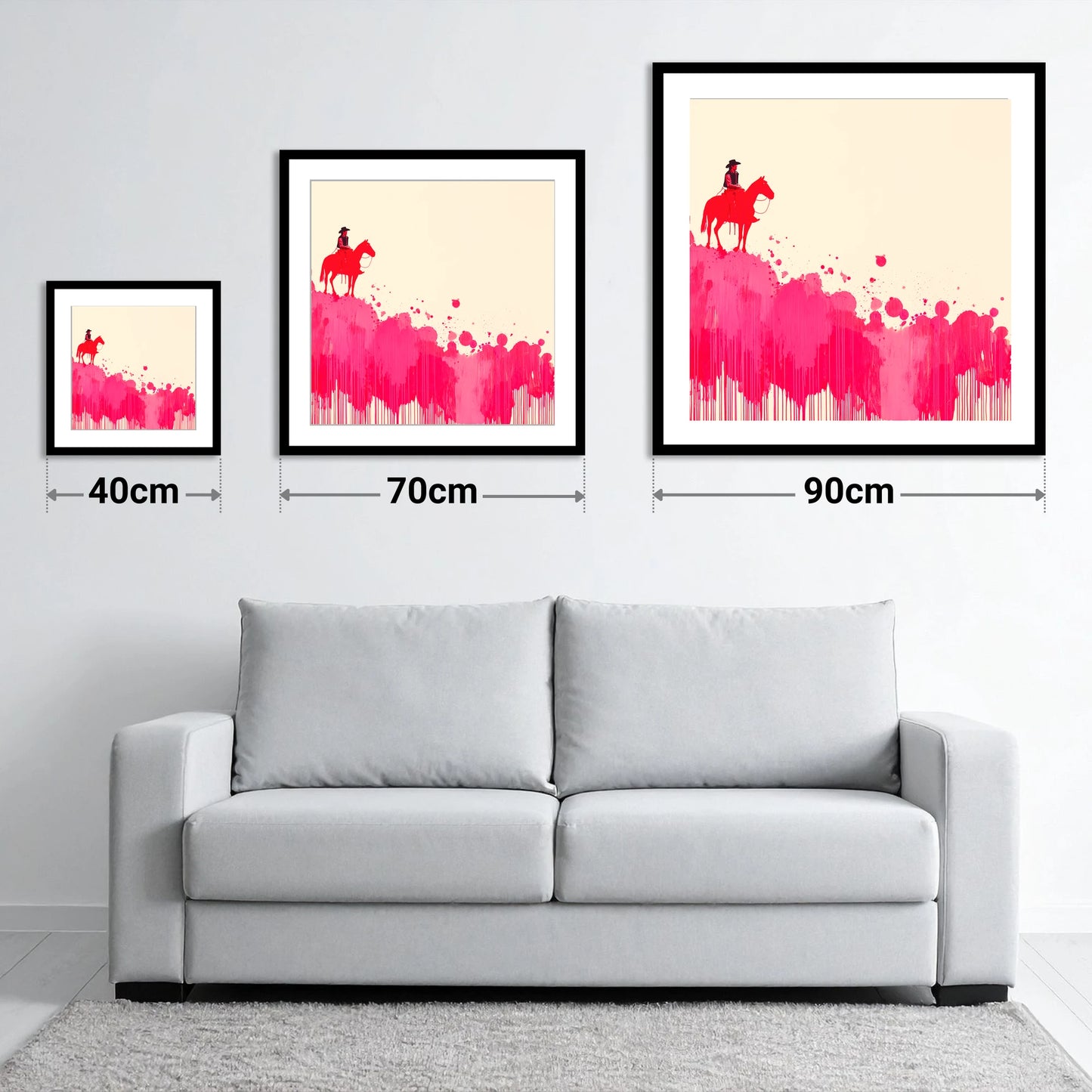 Magenta Maverick - size guide showing 40cm, 70cm and 90cm art prints