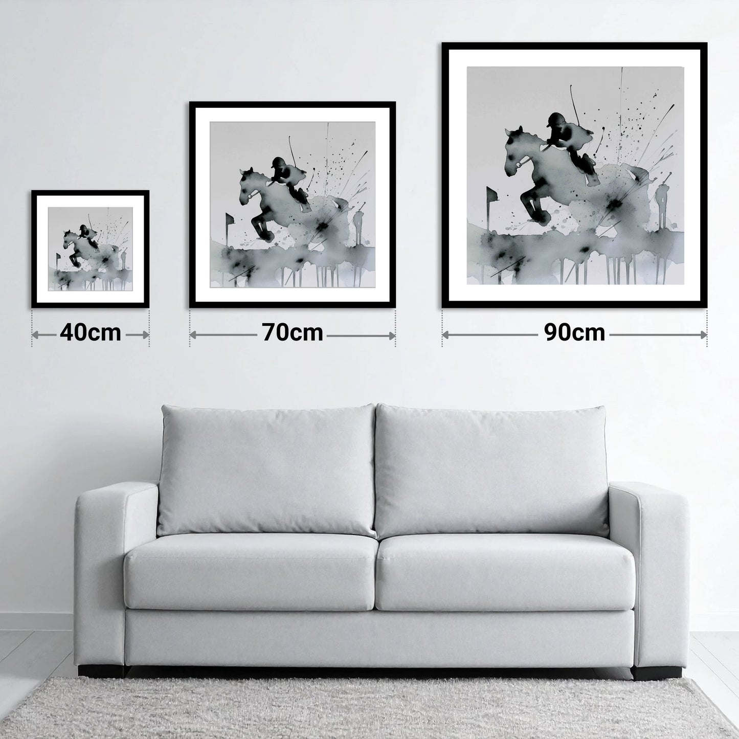 The Bold Clearance - size guide showing 40cm, 70cm and 90cm art prints