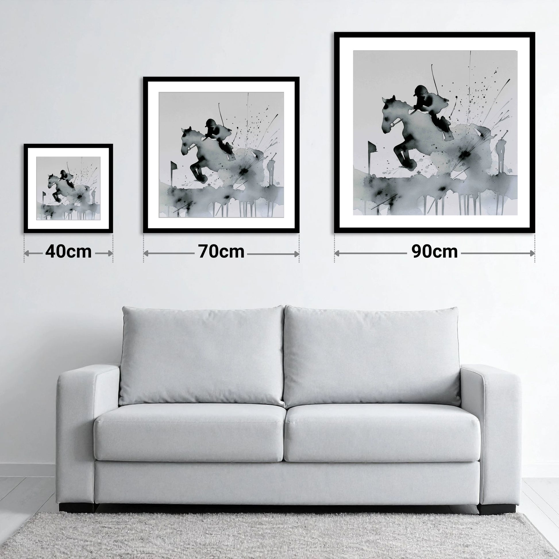 The Bold Clearance - size guide showing 40cm, 70cm and 90cm art prints
