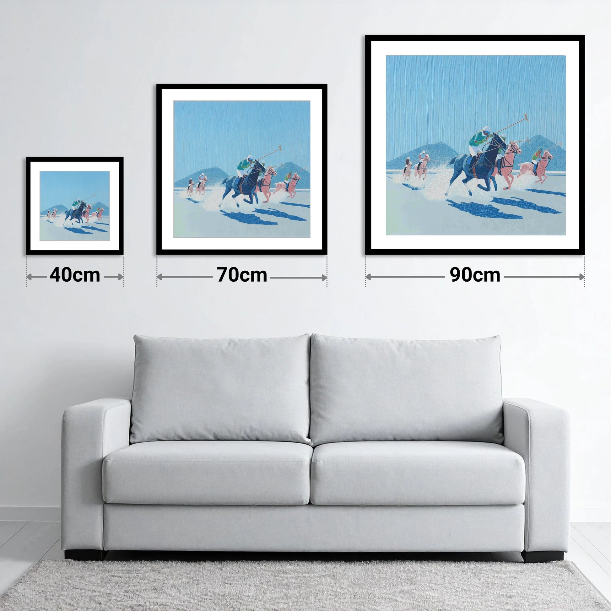 Azure Polo Pursuit - size guide showing 40cm, 70cm and 90cm art prints