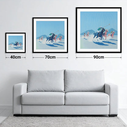Azure Polo Pursuit - size guide showing 40cm, 70cm and 90cm art prints