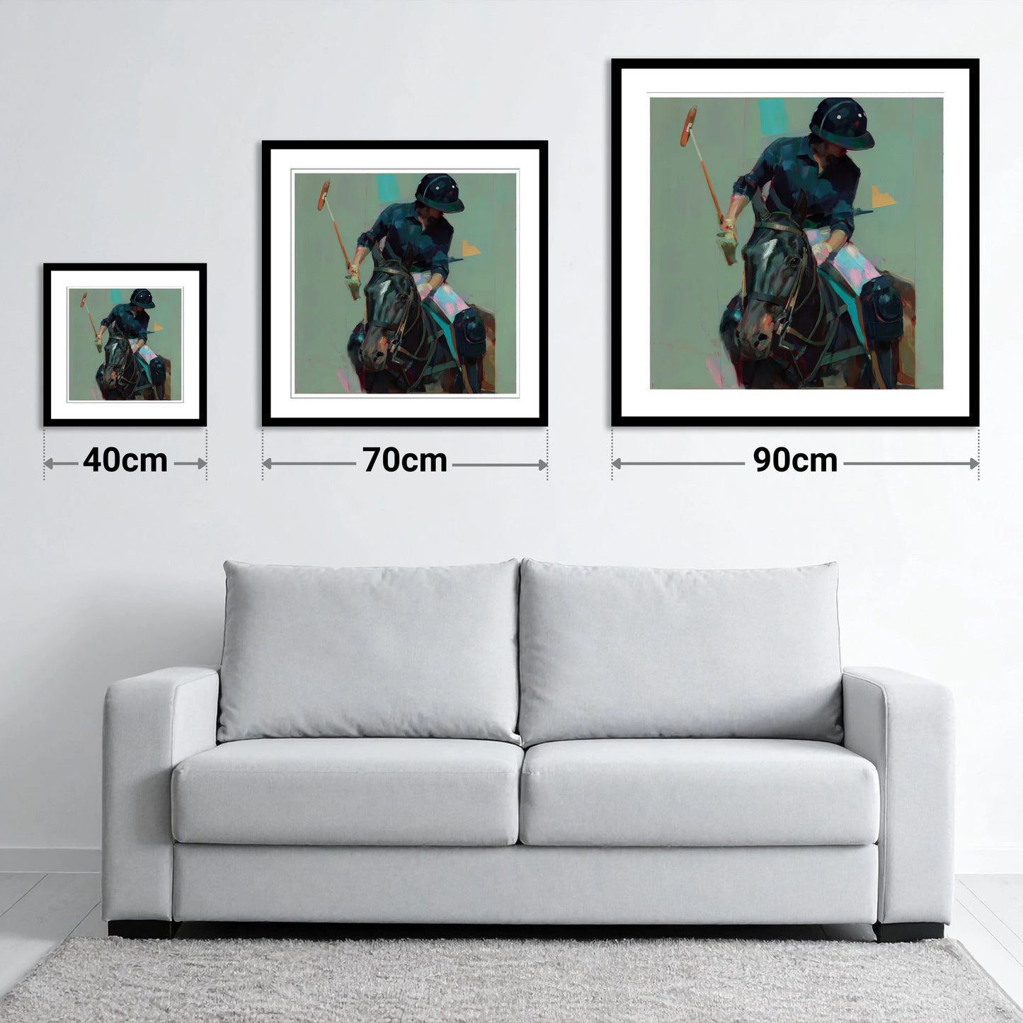 The Decisive Strike - size guide showing 40cm, 70cm and 90cm art prints