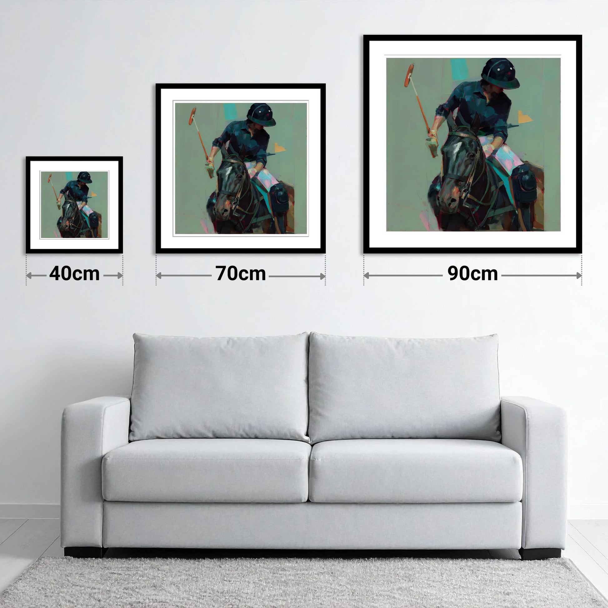 The Decisive Strike - size guide showing 40cm, 70cm and 90cm art prints