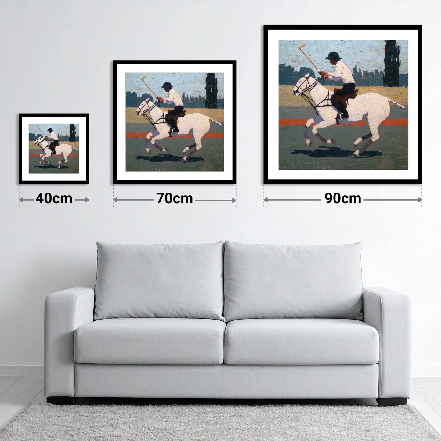 The Decisive Swing - size guide showing 40cm, 70cm and 90cm art prints