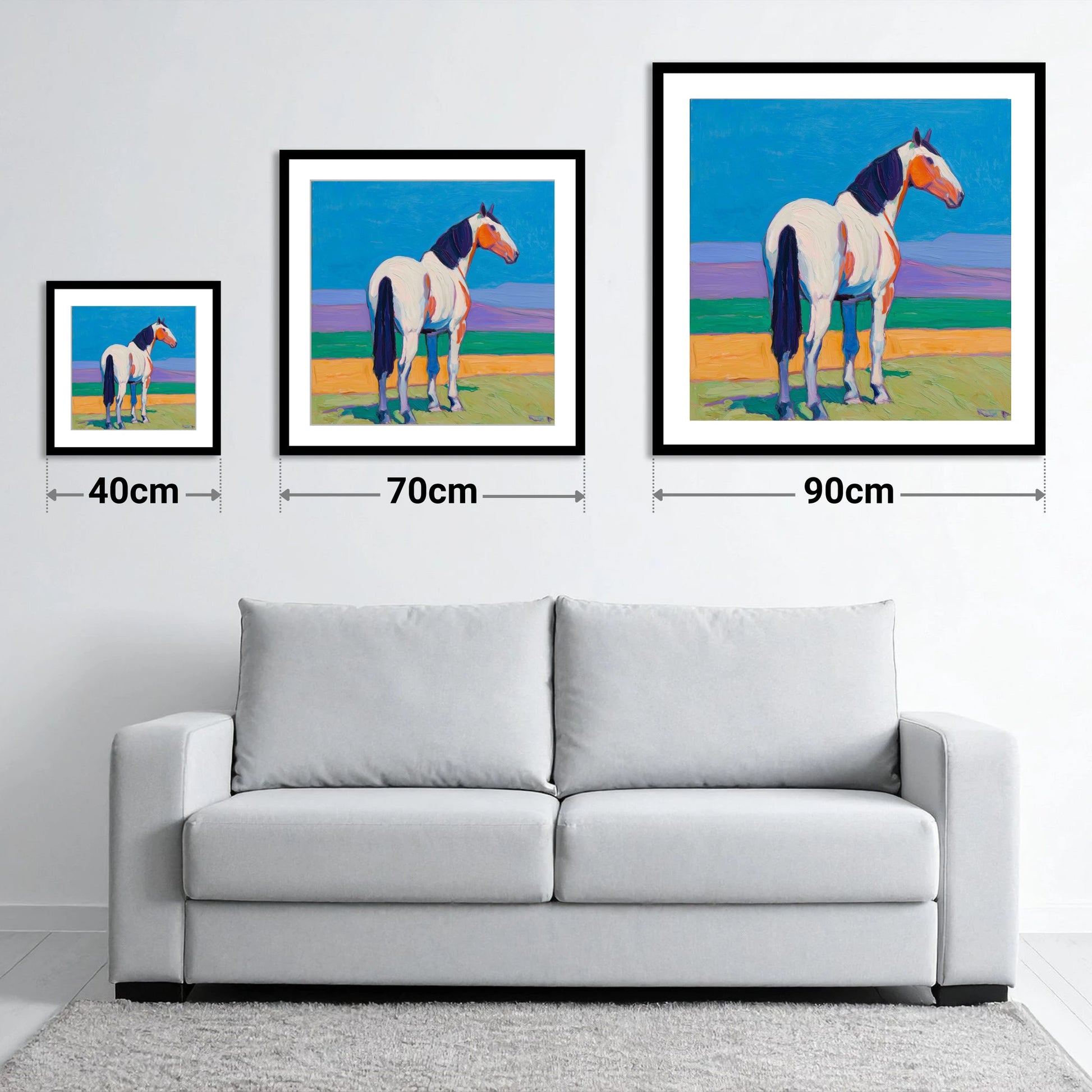 The Painted Sentinel - size guide showing 40cm, 70cm and 90cm art prints