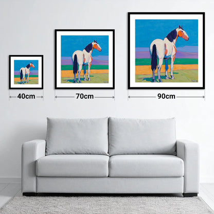The Painted Sentinel - size guide showing 40cm, 70cm and 90cm art prints