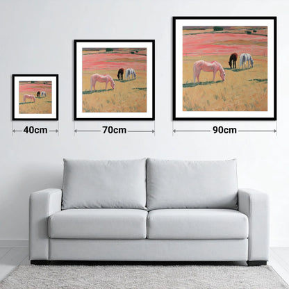 Dusky Meadow Grazing - size guide showing 40cm, 70cm and 90cm art prints
