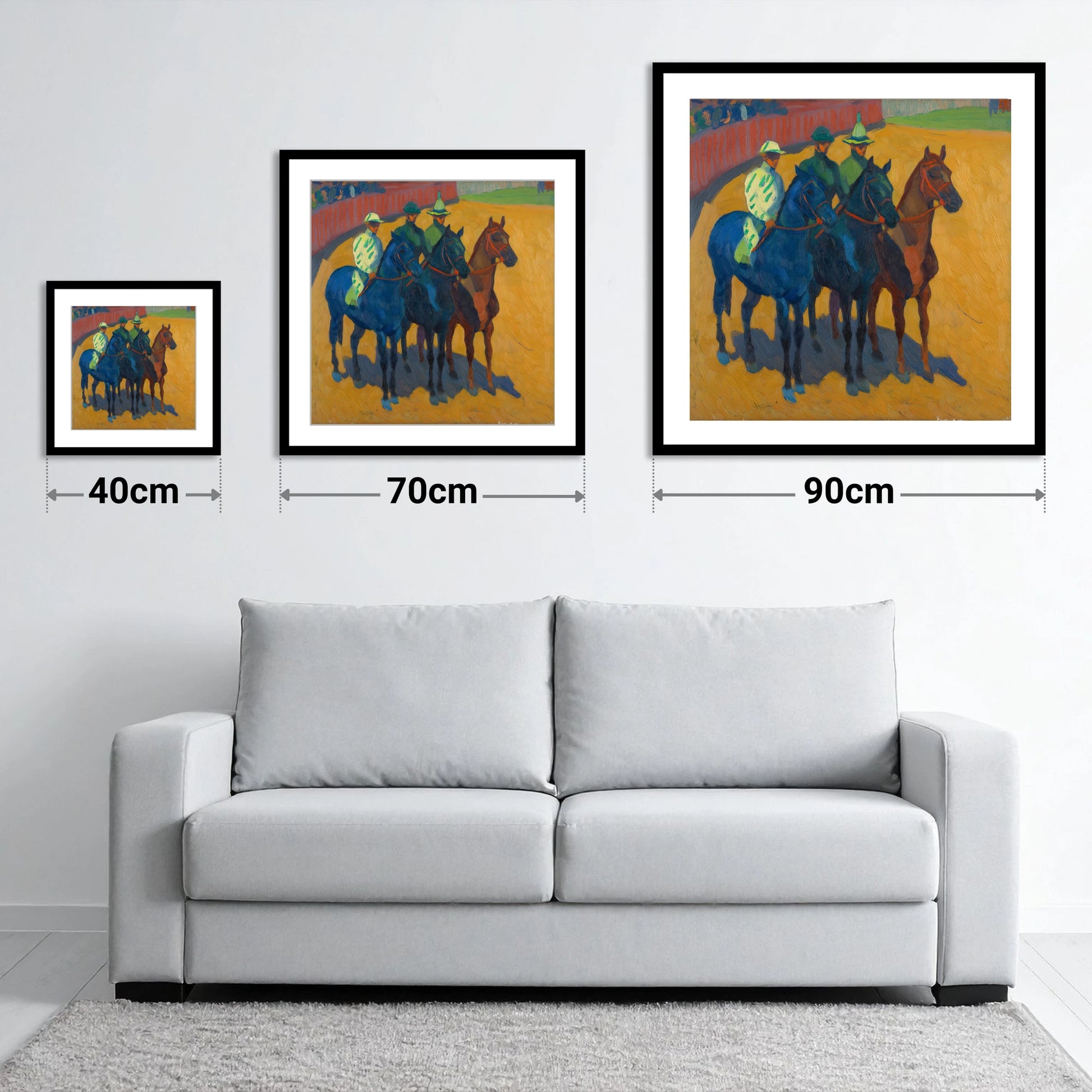 Anticipation in the Ring - size guide showing 40cm, 70cm and 90cm art prints