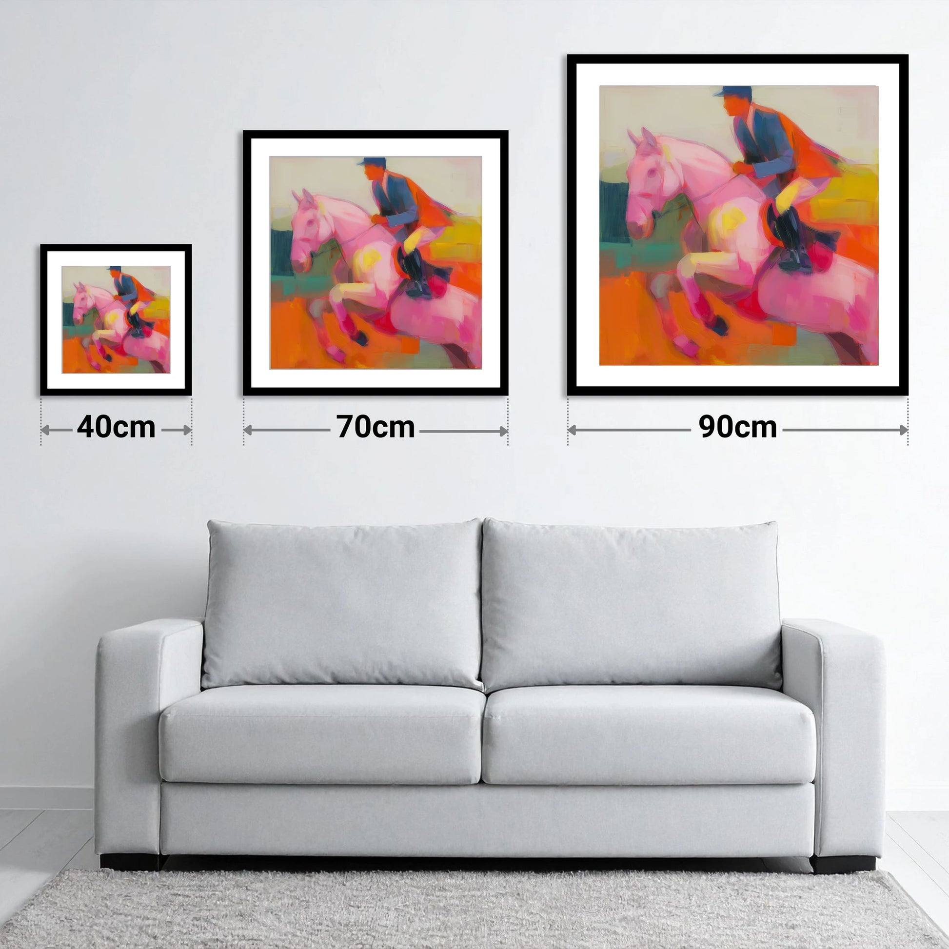 The Vivid Leap - size guide showing 40cm, 70cm and 90cm art prints