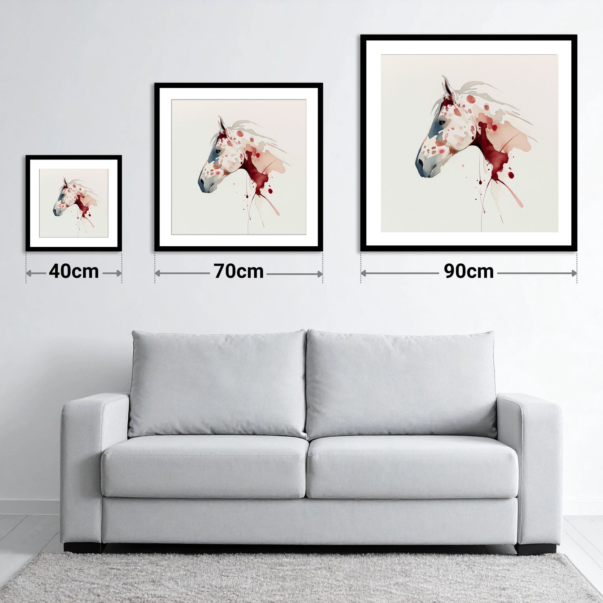 Crimson Appaloosa Profile - size guide showing 40cm, 70cm and 90cm art prints