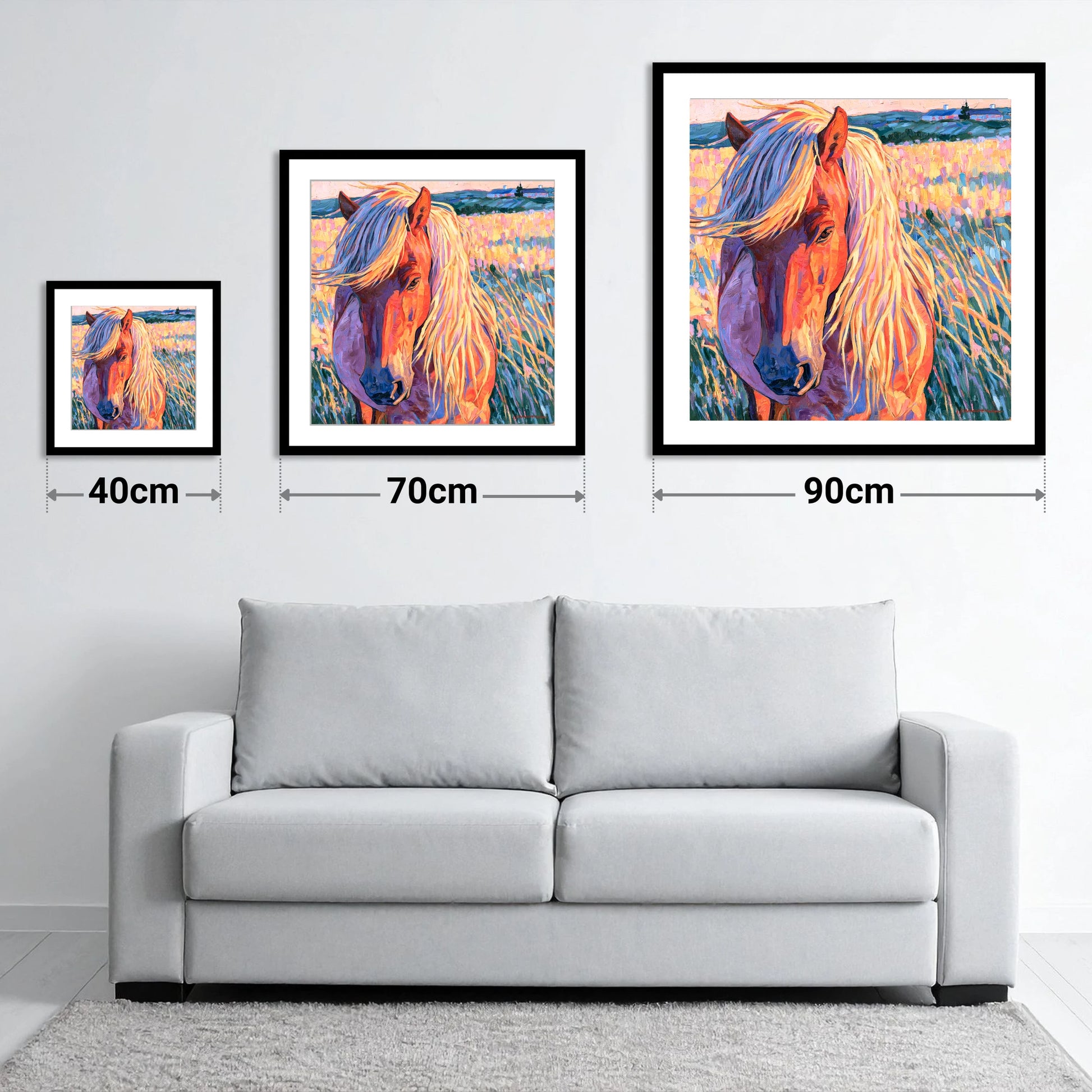 Vivid Horse With Flaxen Mane - size guide showing 40cm, 70cm and 90cm art prints