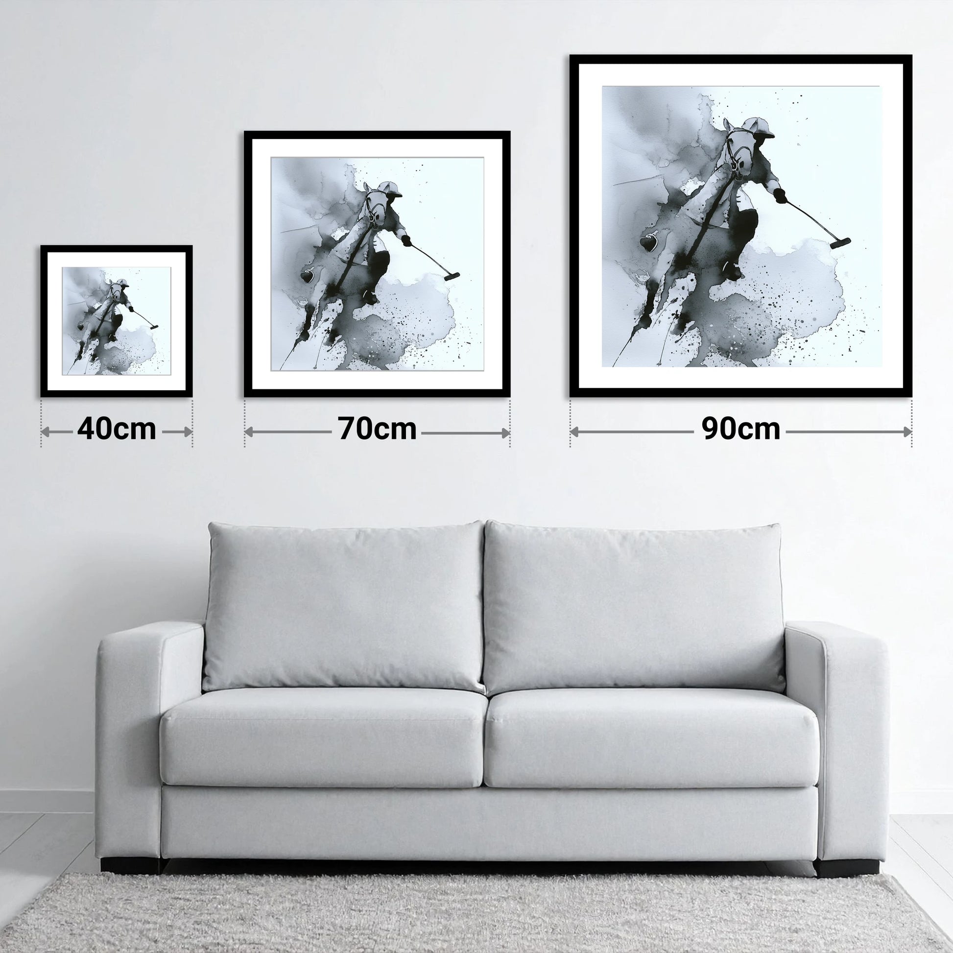 Dynamic Polo Swing - size guide showing 40cm, 70cm and 90cm art prints
