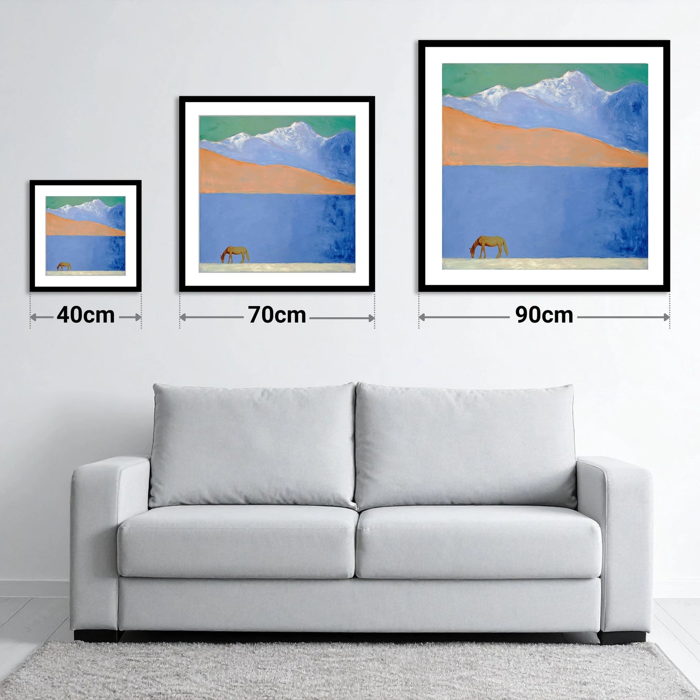 Alpine Solitude - size guide showing 40cm, 70cm and 90cm art prints