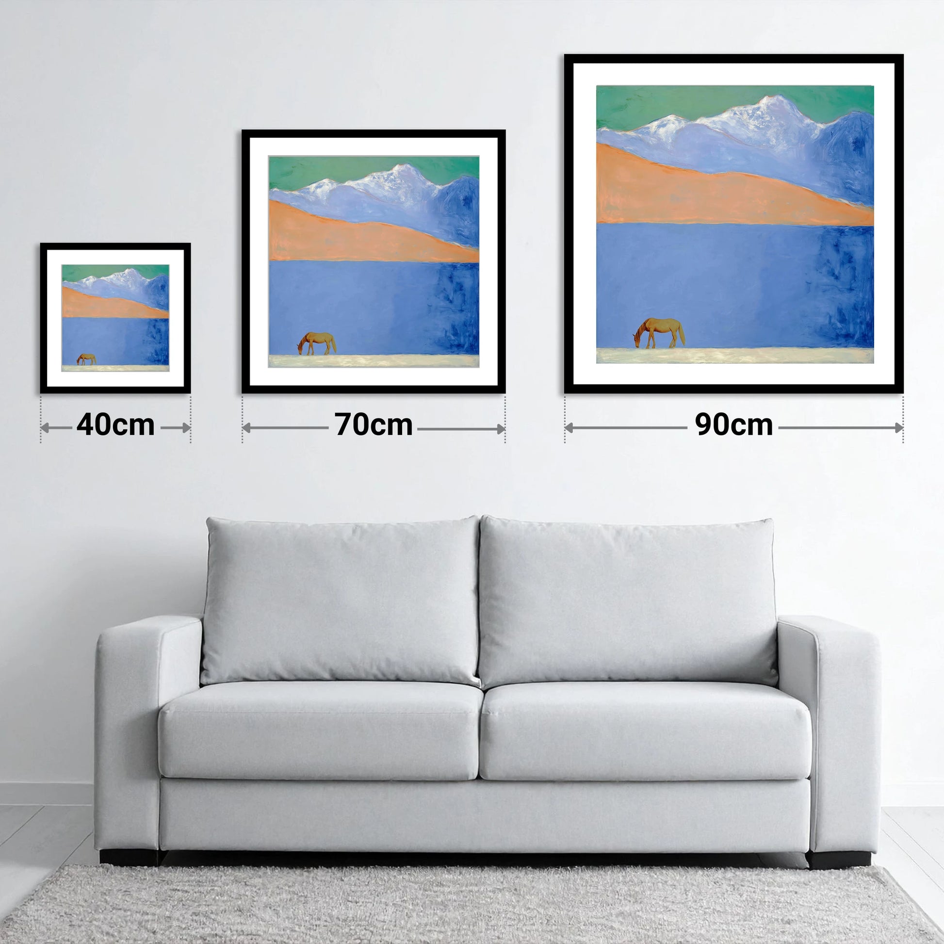 Alpine Solitude - size guide showing 40cm, 70cm and 90cm art prints