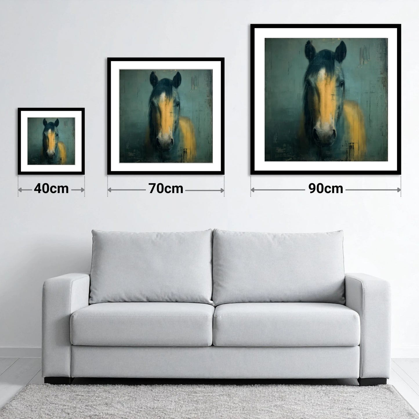Ochre and Slate - size guide showing 40cm, 70cm and 90cm art prints