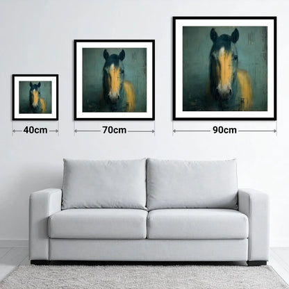 Ochre and Slate - size guide showing 40cm, 70cm and 90cm art prints