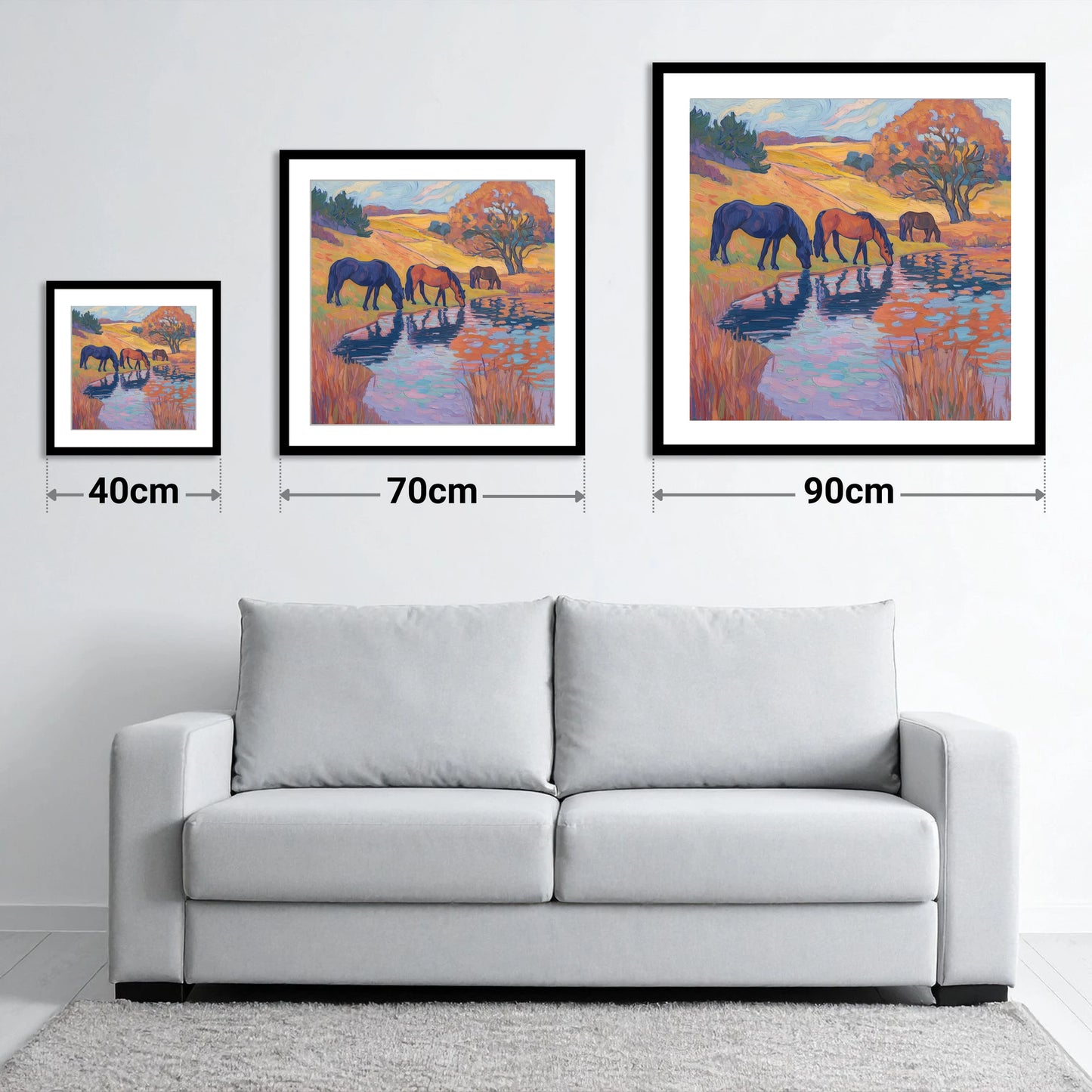 Painted Pasture Reflections - size guide showing 40cm, 70cm and 90cm art prints