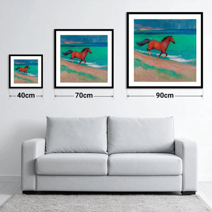 Crimson Coastal Canter - size guide showing 40cm, 70cm and 90cm art prints