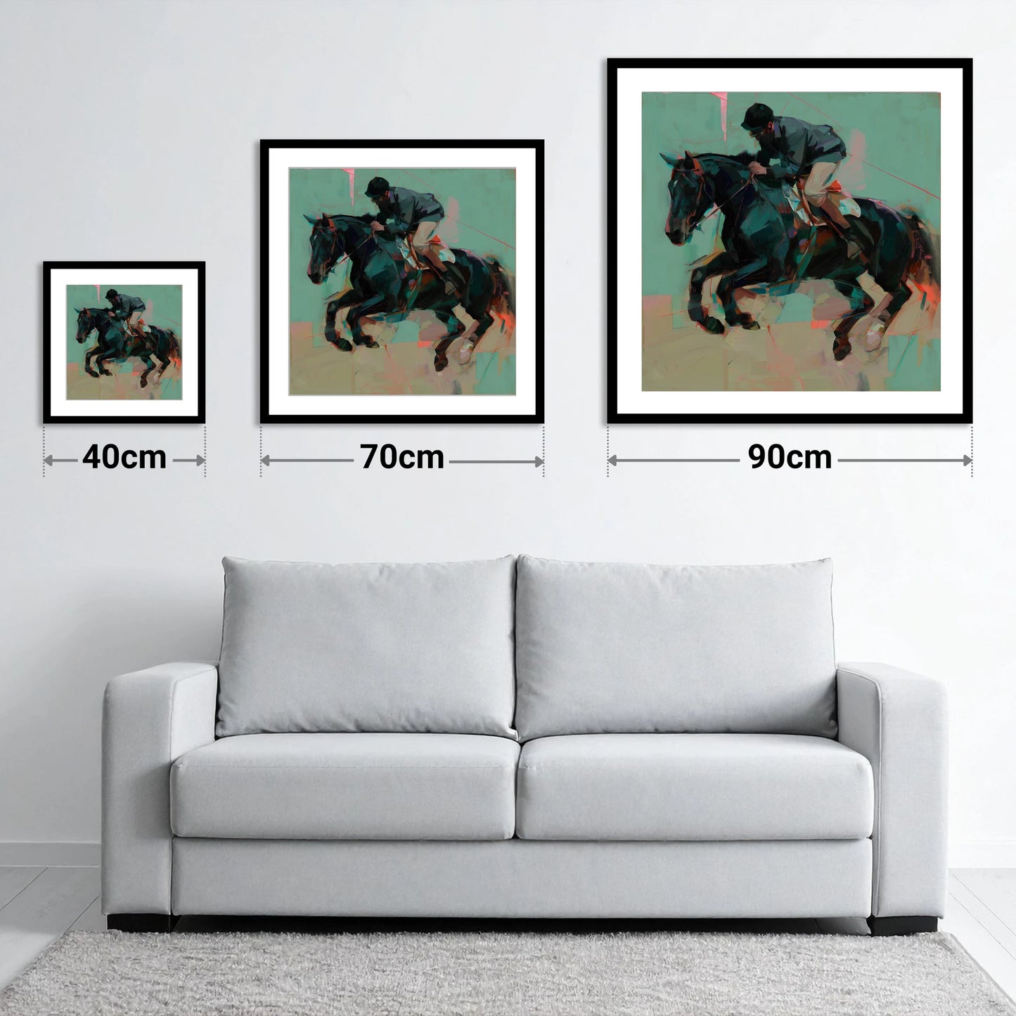 Modern Showjumper - size guide showing 40cm, 70cm and 90cm art prints