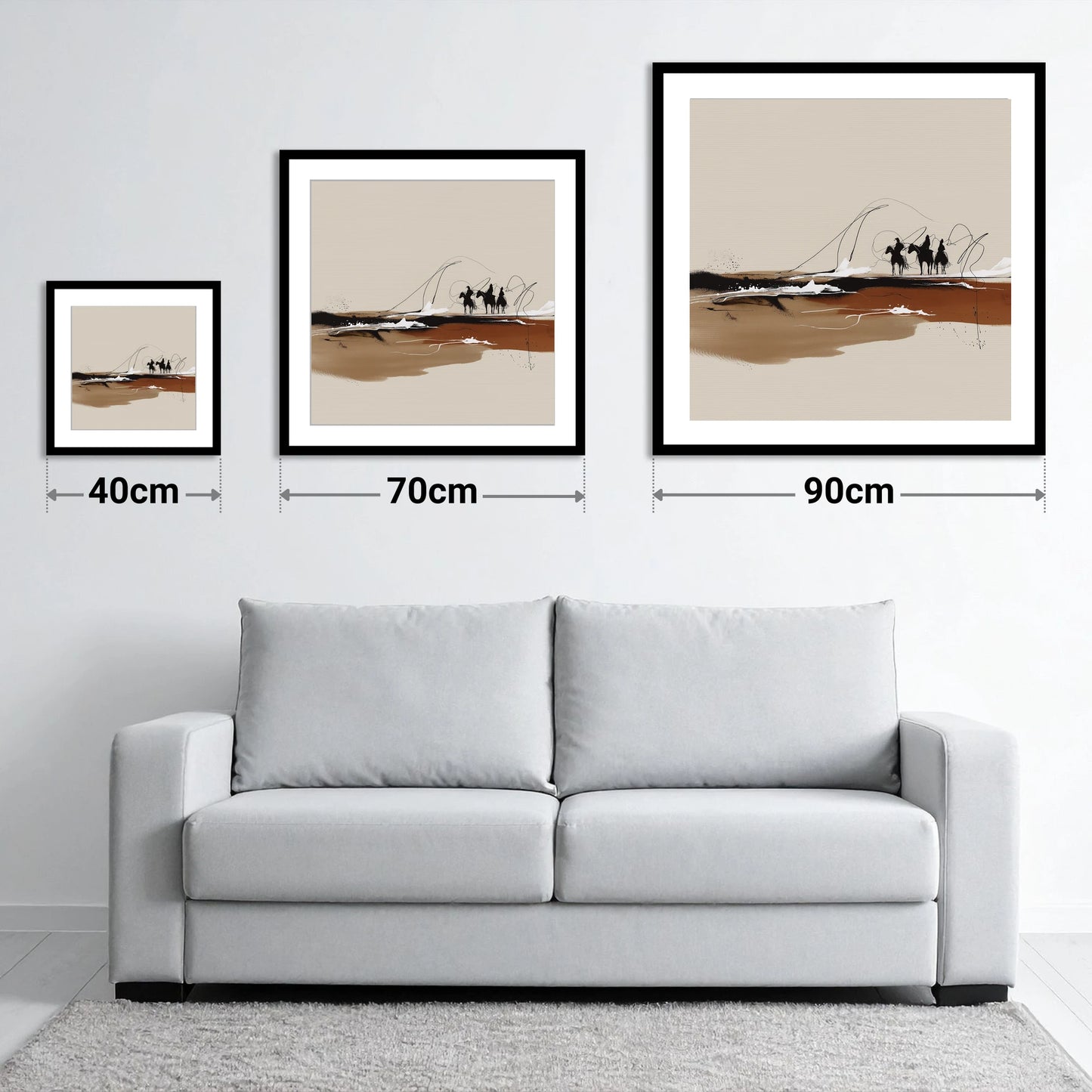 Riders of the Plains - size guide showing 40cm, 70cm and 90cm art prints