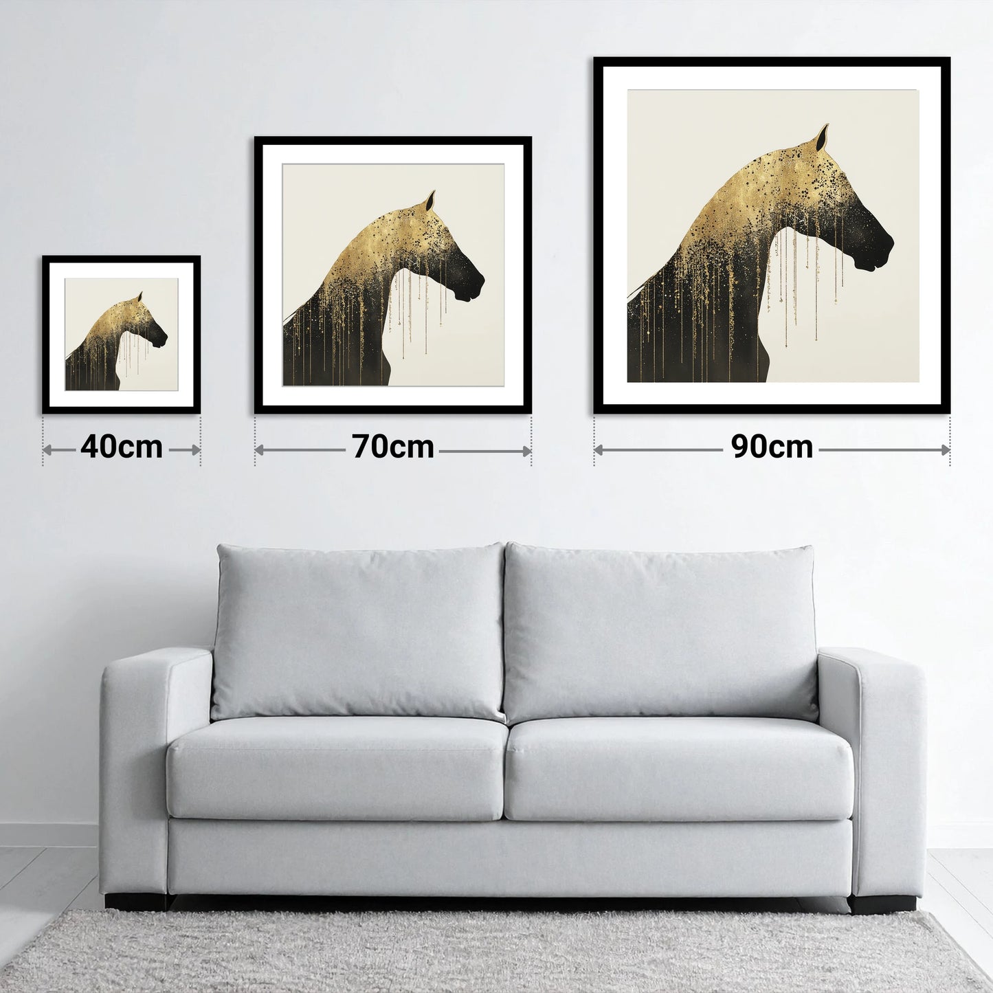 Gilded Equine Silhouette - size guide showing 40cm, 70cm and 90cm art prints